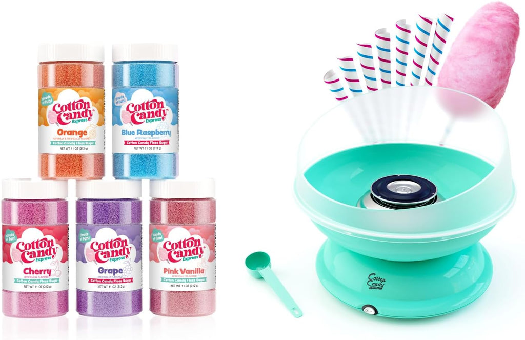 Cotton Candy Express BB1000-S Cotton Candy Machine, with 5-11oz. Jars of Cherry, Grape, Blue Raspberry, Orange, Pink Vanilla Floss Sugar 50 Paper Cones Easy to Use and Clean