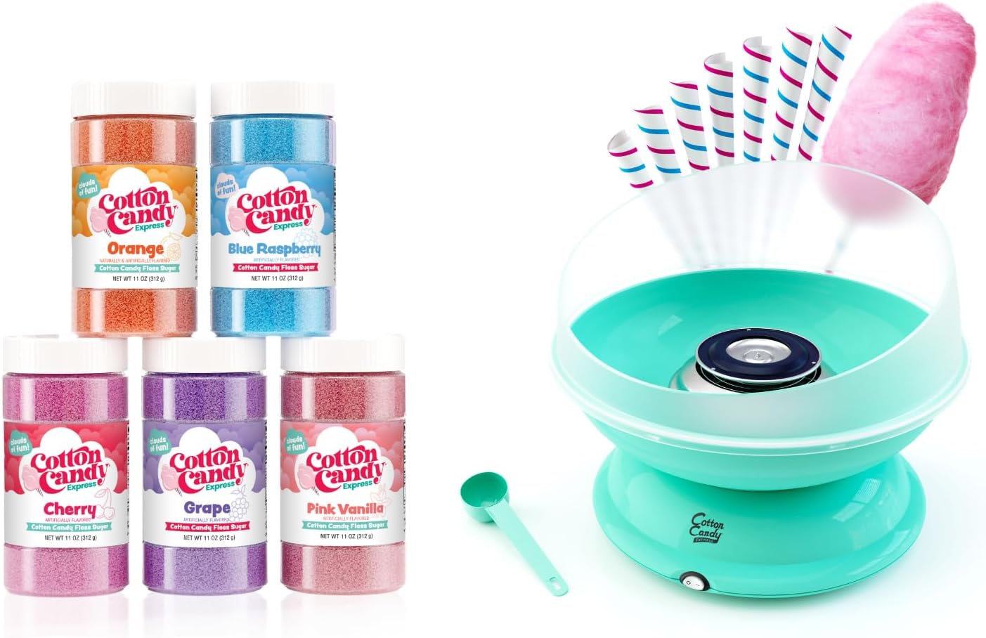 Cotton Candy Express BB1000-S Cotton Candy Machine, with 5-11oz. Jars of Cherry, Grape, Blue Raspberry, Orange, Pink Vanilla Floss Sugar 50 Paper Cones Easy to Use and Clean
