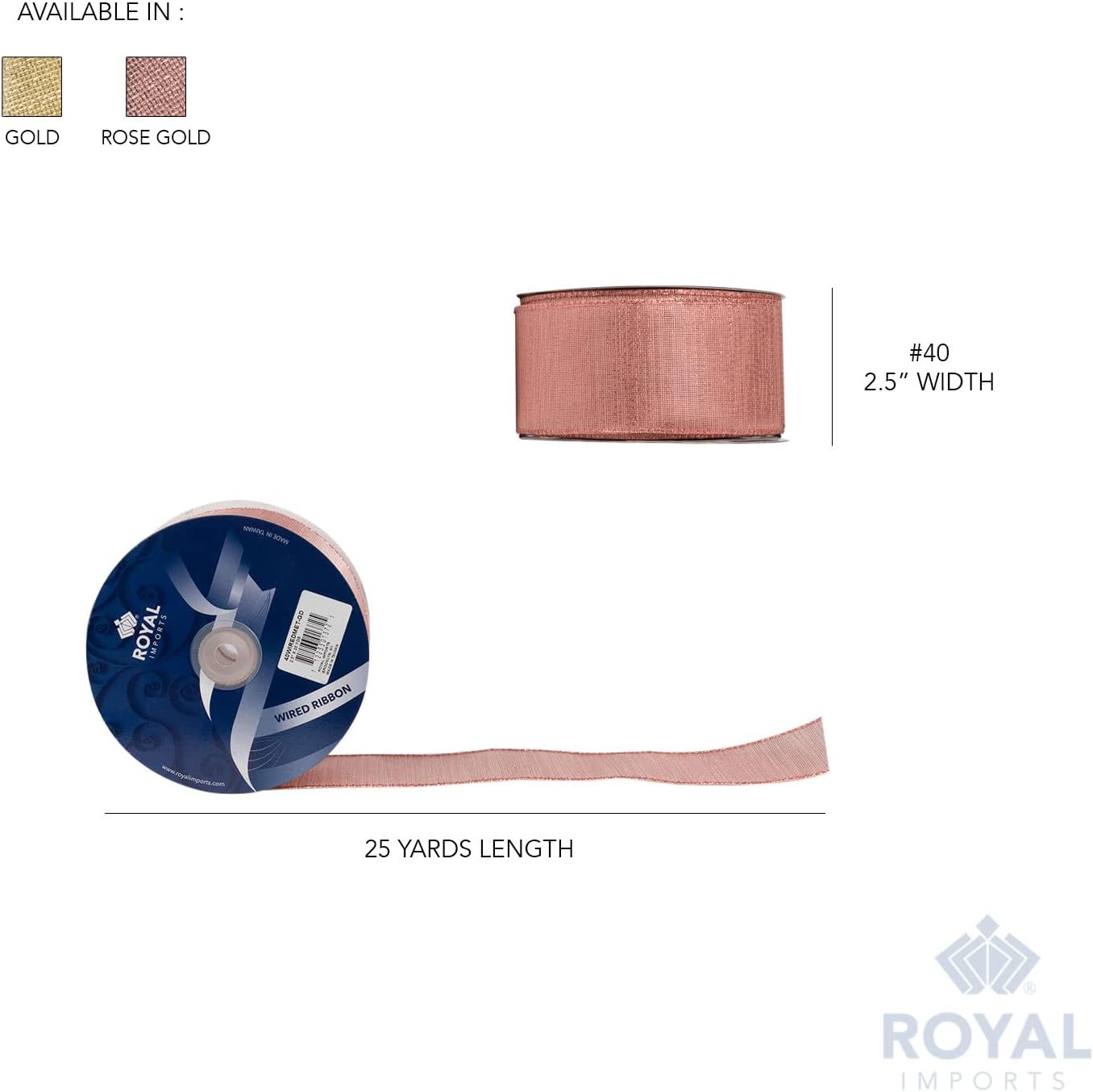 Roya Import Metalli Christma Ribbo Wired Ros Gold 2.5inch(#40 Holida Desig fo Bo Making Gif Wrapping Wreaths 2 Y Rol (7 F Spool)