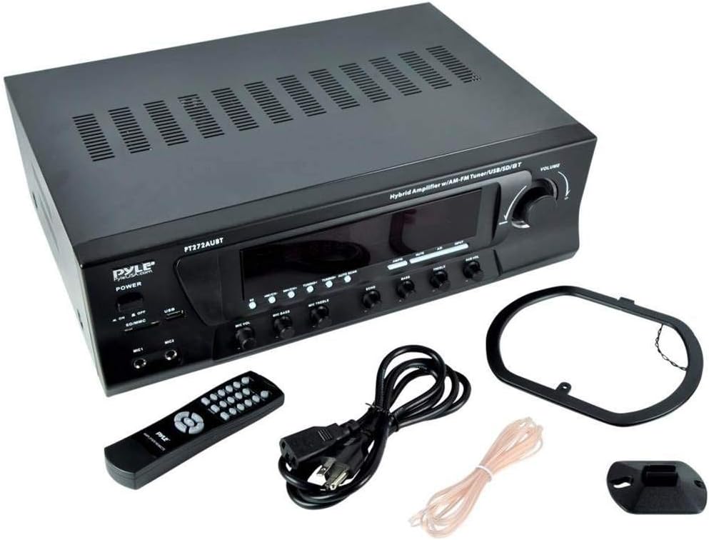 Pyle Wireless Bluetooth Audio Power Amplifier - 300W 4 Channel Home Theater Stereo Receiver with USB, AM FM, 2 Mic IN with Echo, RCA, LED, Speaker Selector, For Studio, Home Use, Black - PT272AUBT