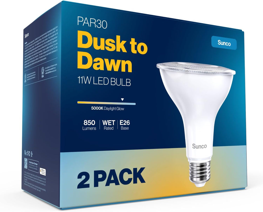Sunco LED PAR30 Dusk to Dawn Light Bulb for Outside Porch, Patio, Backyard, 11W=75W, 850 LM, 5000K Daylight?, Non-Dimmable, Photocell Sensor, UL 2 Pack