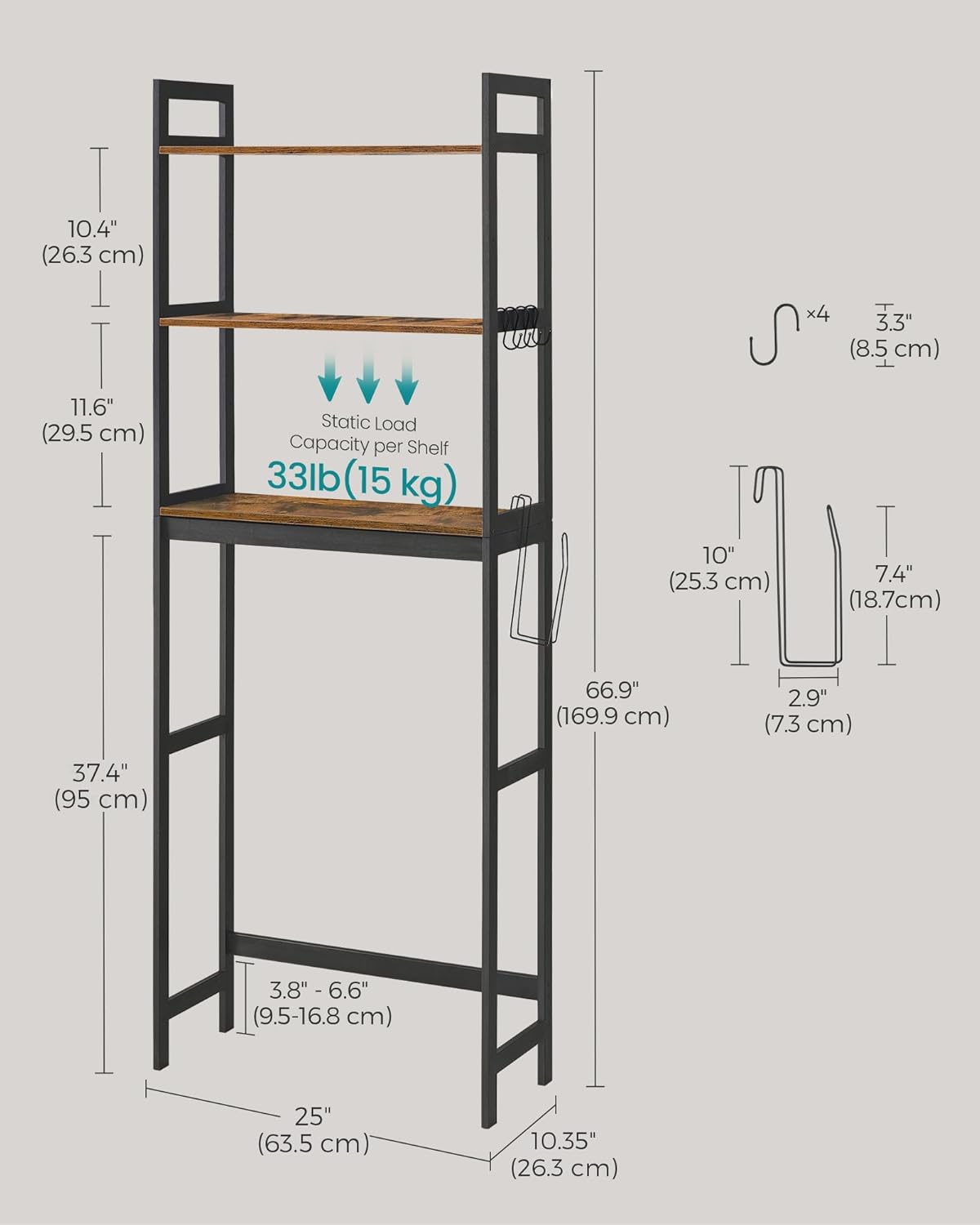 Over-The-Toilet Storage, 3-Tier Bathroom Organizer Over Toilet with Adjustable Shelves, Hooks, Bamboo, Freestanding Space Saver Bathroom Shelves, Rustic Brown and Ink Black UBTS012B01