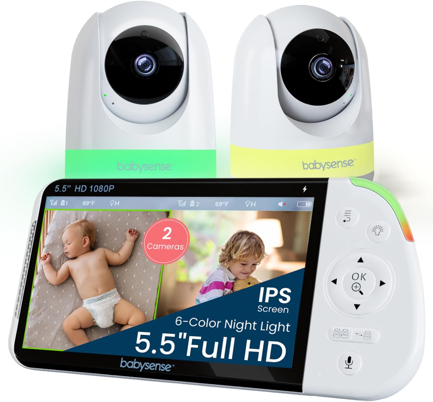 Babysense Full HD 5.5inch Split Screen Baby Monitor with 2 Cameras, 6-Color Night Light, White Noise, Sound Light Machine, 20-Hour Battery, Hack-Proof Non-WiFi Secure Connection