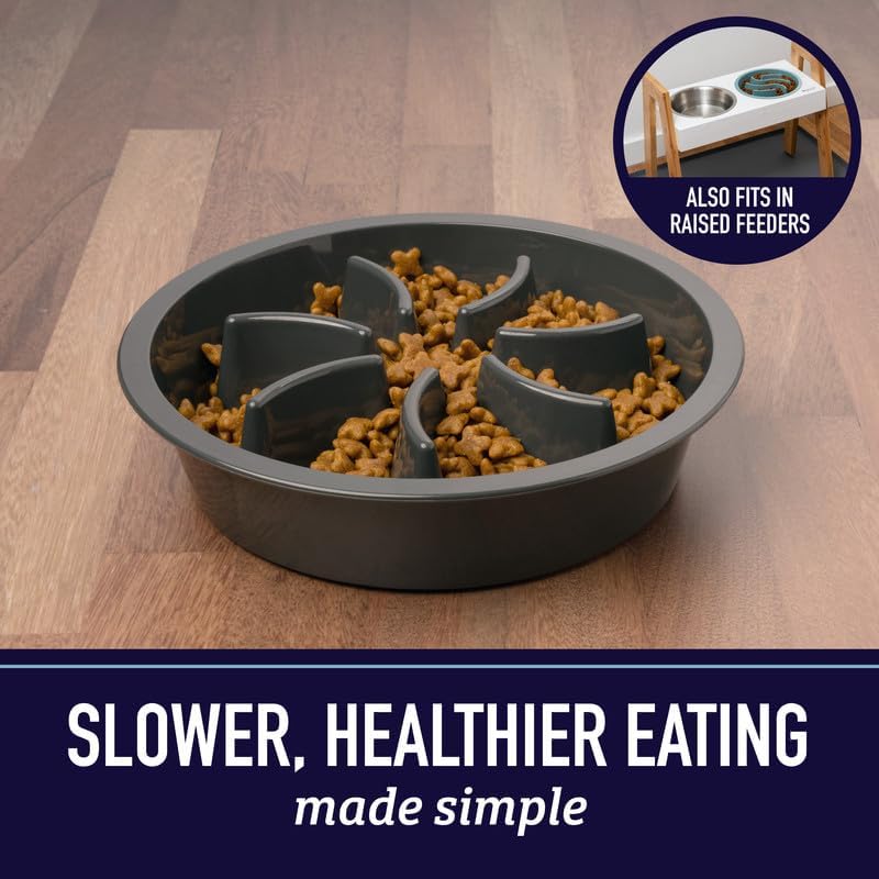 Leash Boss Slow Feeder Dog Bowls - 1.5 Cup, Puzzle Dog Food Bowl with Feeder Holes, Fits into Elevated Pet Feeders, Slow Eating for Large, Medium Small Sized Breeds, Blue