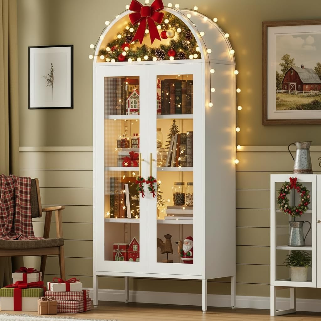 DWV Arche Displa Cabine wit Glas Doors 71inc Tal Storag Organize Cabine wit Adjustabl Shelves Curi Cabine wit LE Lights Tie Bookcas fo Collectible Livin Roo Office White