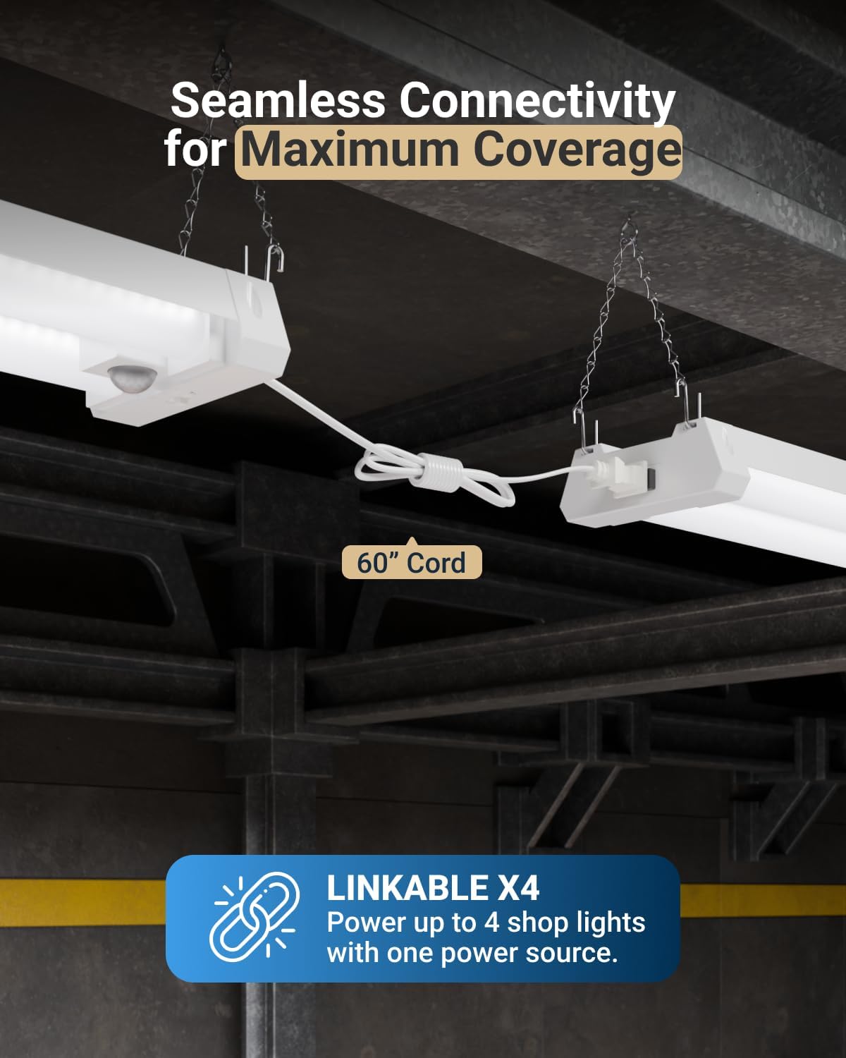 Sunco Motion Sensor 4ft LED Shop Light, Garage Lights Ceiling LED Plug-in Fixtures, 40W, 5000K Daylight, 4300 Lumens, Frosted, Motion Activated, Linkable Suspension Mount, ETL 2 Pack.