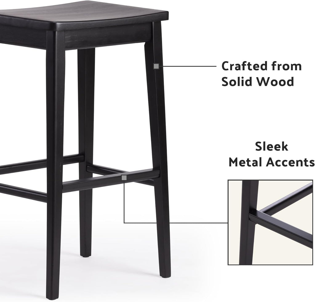 Plank+Beam Smythe Bar Stool, 30inch, Set of 2, Sturdy Wood Modern Kitchen Bar Height Stool, Saddle Seat Backless Counter Chair, Metal Footrest, Black