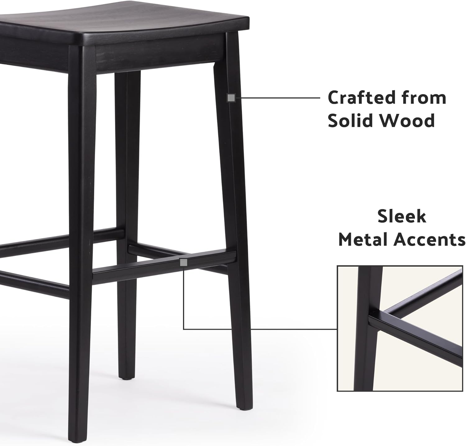 Plank+Beam Smythe Bar Stool, 30inch, Set of 2, Sturdy Wood Modern Kitchen Bar Height Stool, Saddle Seat Backless Counter Chair, Metal Footrest, Black