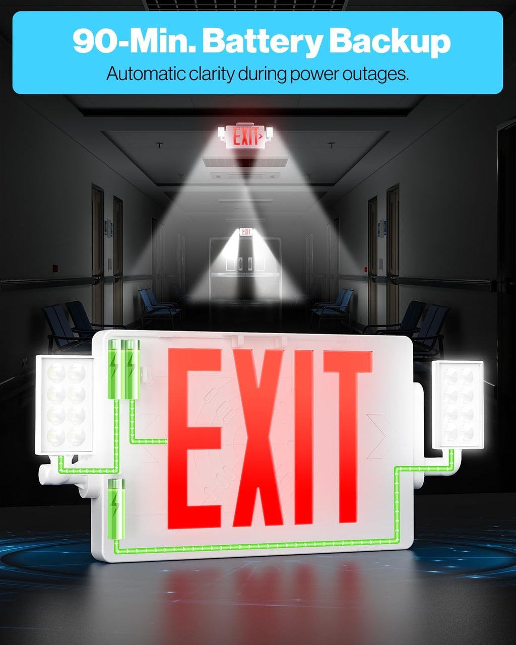 Sunc 2 Pac Re Exi Sign Wit Emergenc Lights Tw Adjustabl LE Lights 94V- Fir Resistant Backu Battery 120-277V Wal O Ceilin Mount Commercia Grad UL