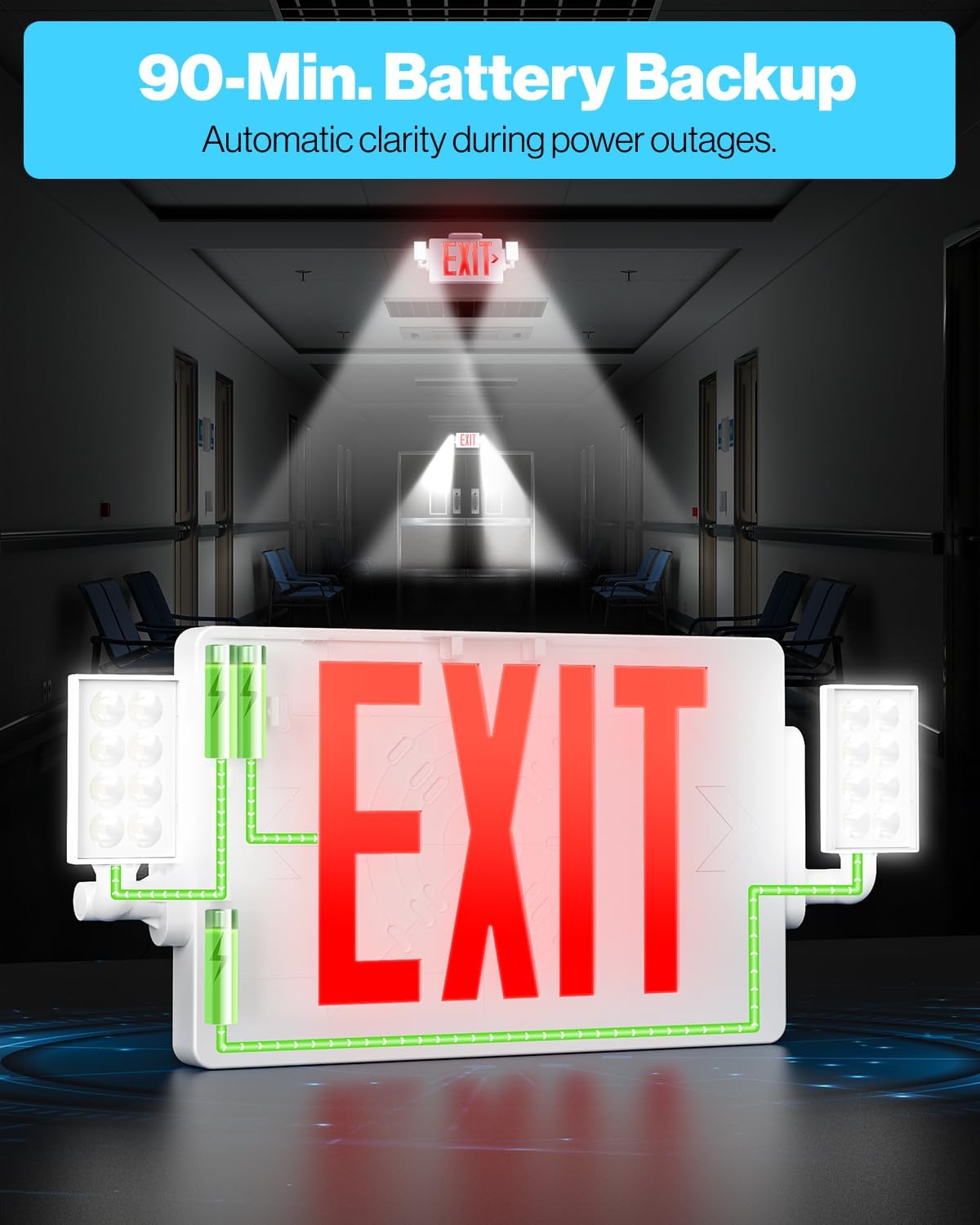 Sunc 2 Pac Re Exi Sign Wit Emergenc Lights Tw Adjustabl LE Lights 94V- Fir Resistant Backu Battery 120-277V Wal O Ceilin Mount Commercia Grad UL