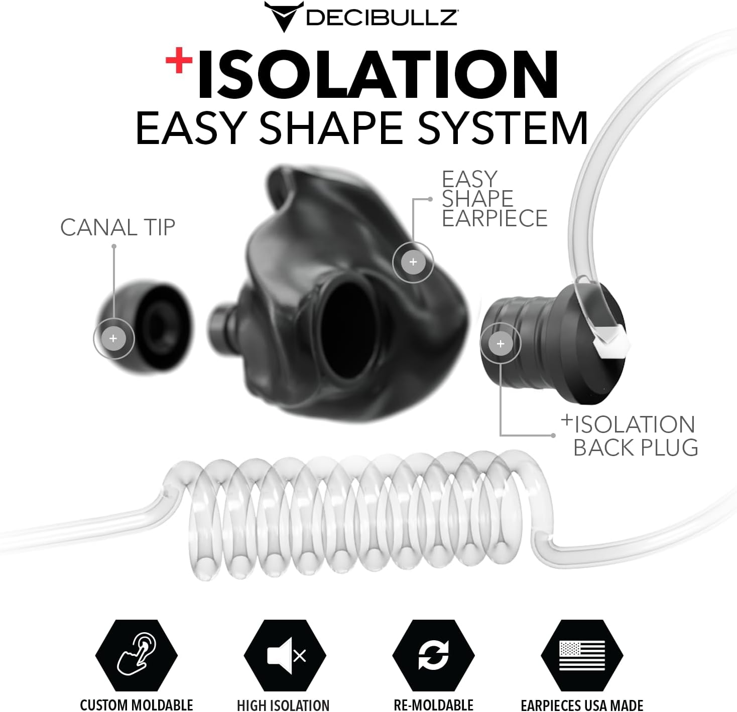 Decibullz Custom Molded Security Radio Surveillance Earpiece Set, Thermo-Fit Designed for Clear Acoustic Tube Radios, Isolation