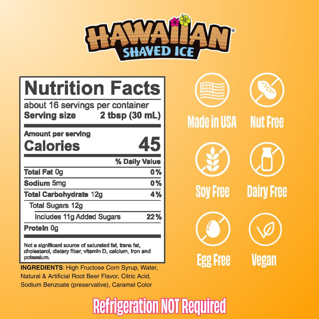 Hawaiian Shaved Ice Root Beer Syrup - Nut Soy Dairy Free - Flavor Fluffy Crunchy Snow Cones - Shelf Stable - Makes 8 Servings - 16 ounces