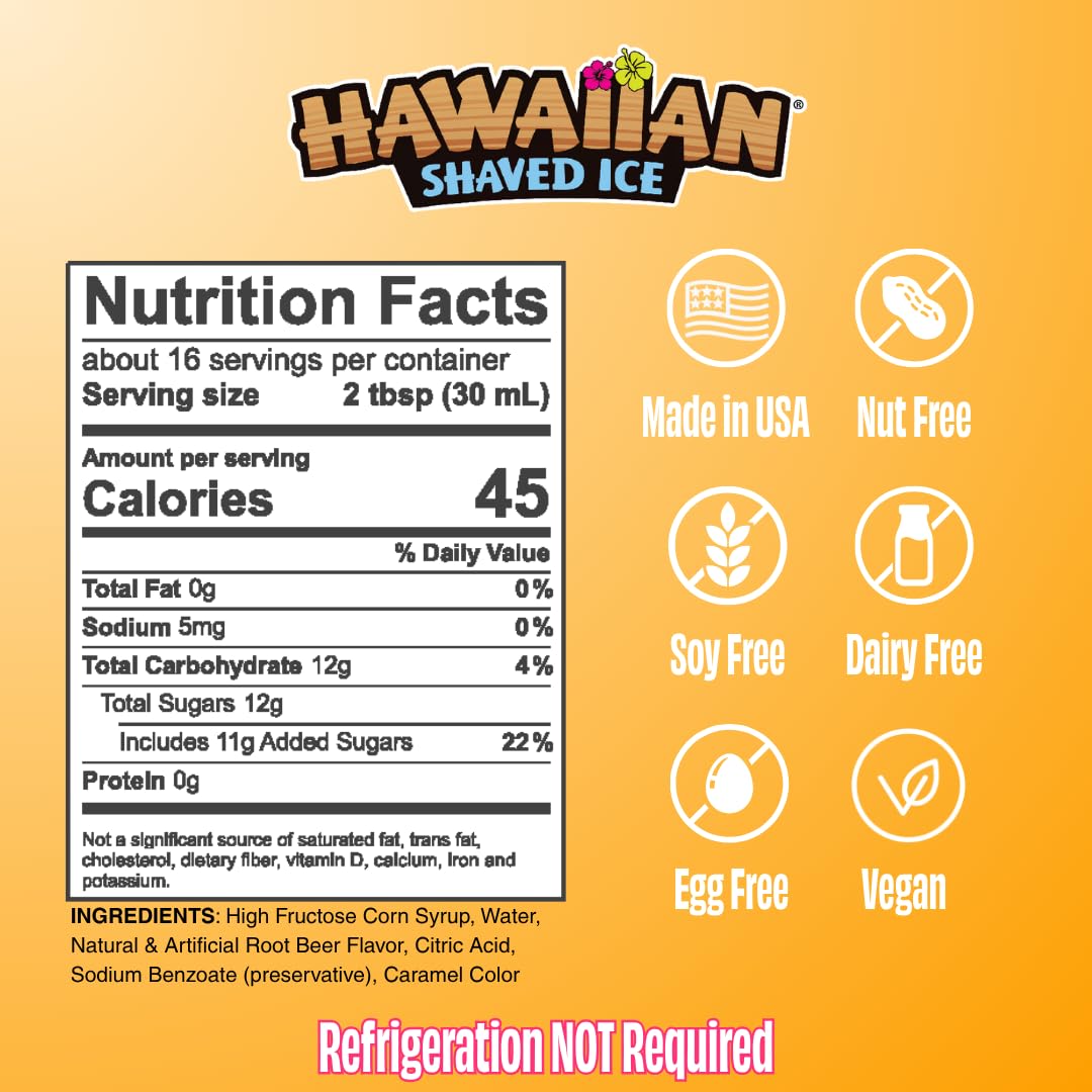 Hawaiian Shaved Ice Root Beer Syrup - Nut Soy Dairy Free - Flavor Fluffy Crunchy Snow Cones - Shelf Stable - Makes 8 Servings - 16 ounces
