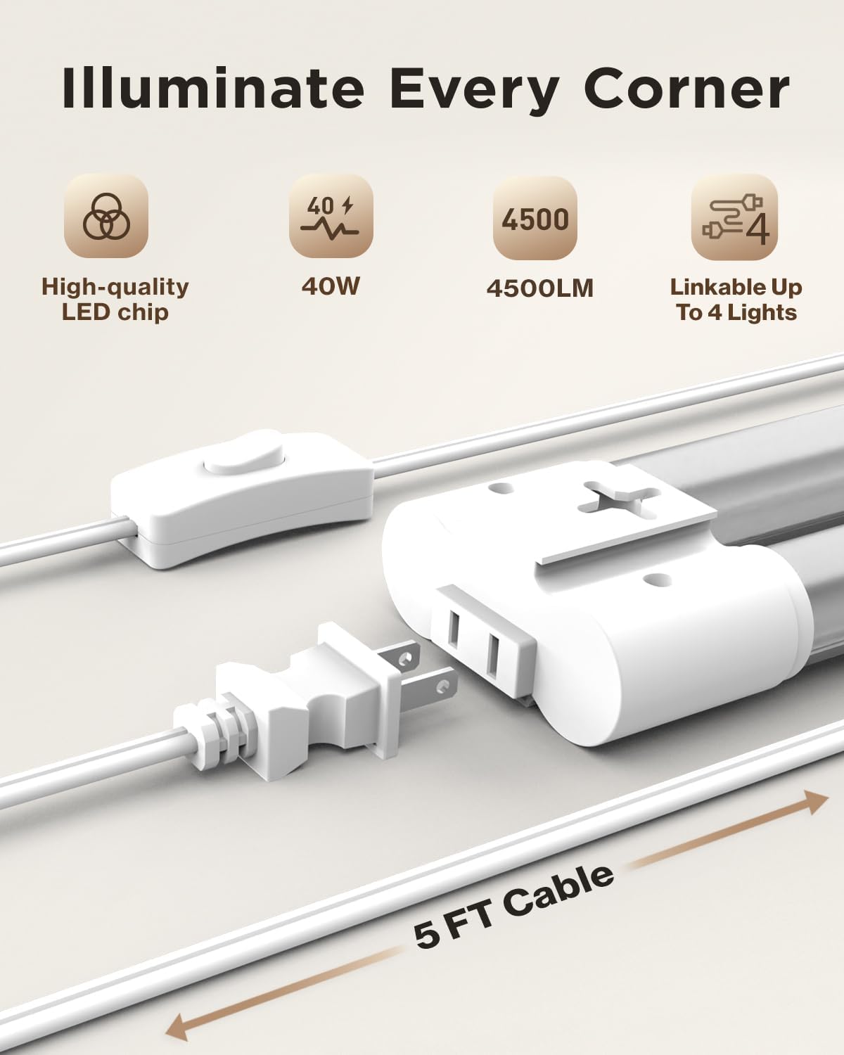 1 Pac LE Sho Light fo Worksho 4FT Linkabl Garag Lighting 450 LM 40 (150 Equivalent) 5000 Daylight Surfac Suspensio Mount 4 Inc Integrate Fixture White
