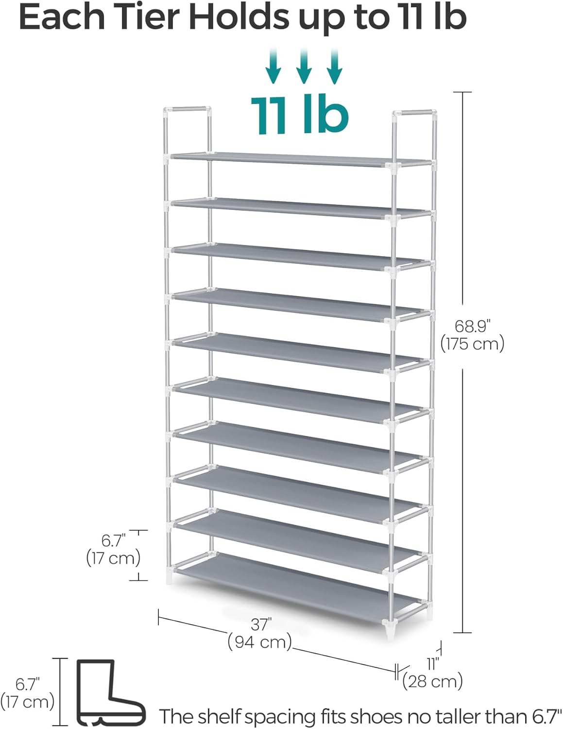 10-Tier Shoe Rack, Shoe Storage for Hallway Closet, Slim and Space-Saving, Metal Frame, Non-Woven Fabric Shelves, Grey ULSR10G