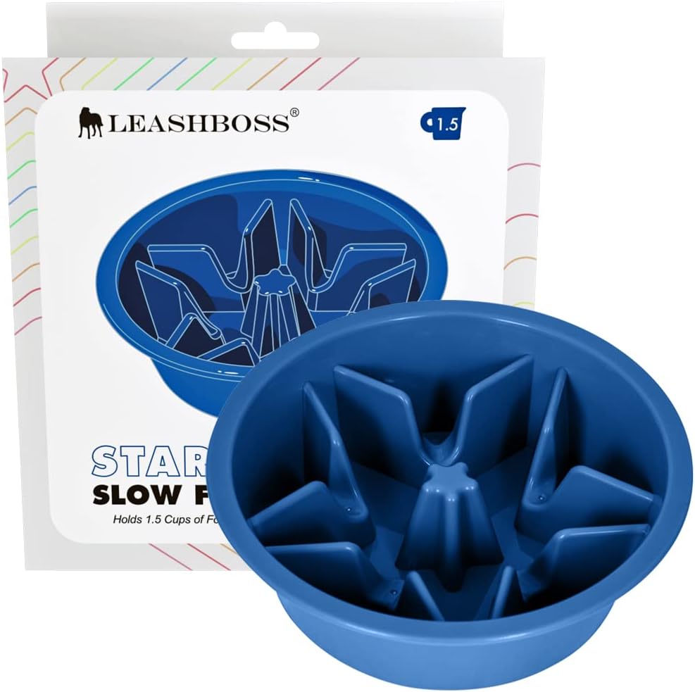Leash Boss Slow Feeder Dog Bowls - 1.5 Cup, Puzzle Dog Food Bowl with Feeder Holes, Fits into Elevated Pet Feeders, Slow Eating for Large, Medium Small Sized Breeds, Blue