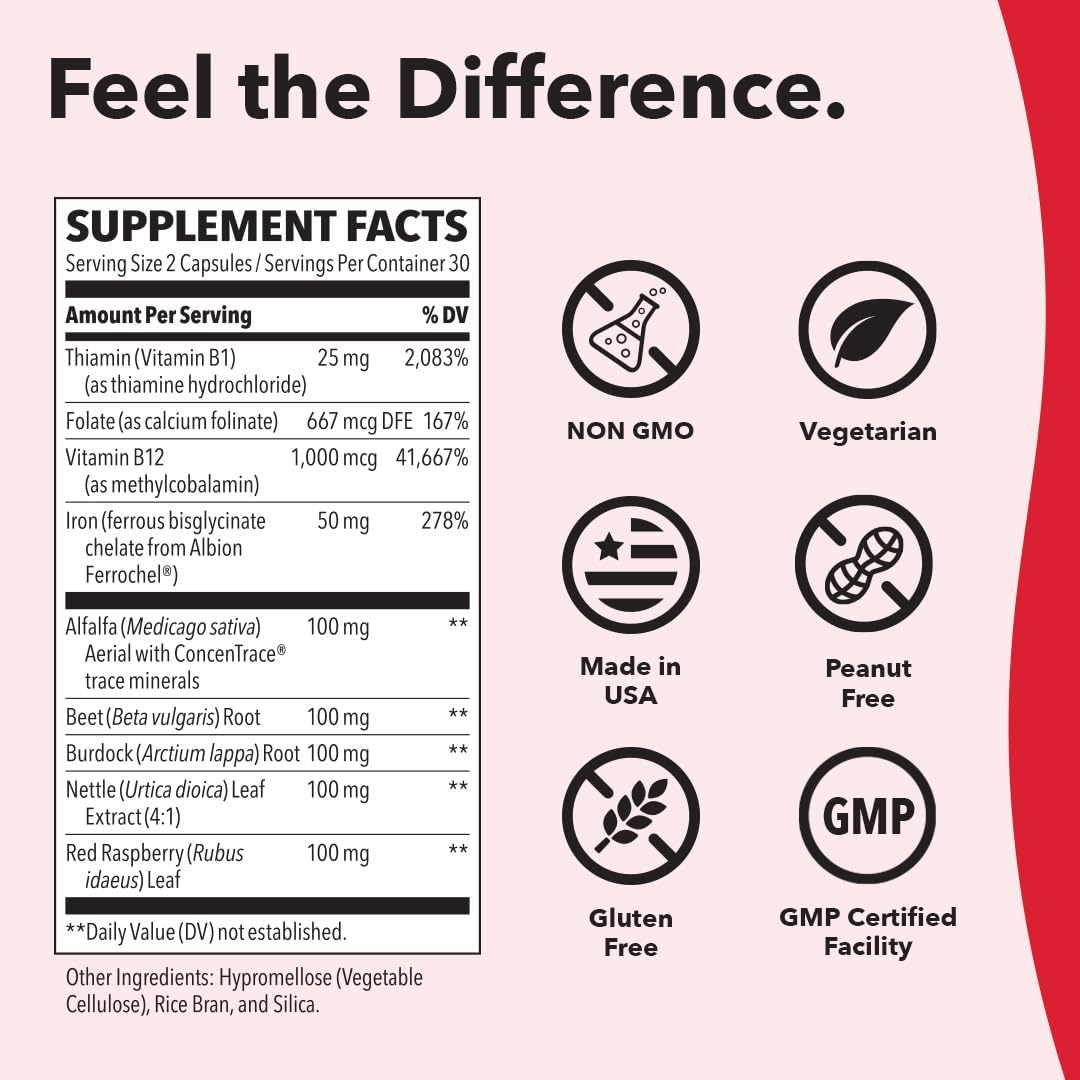 LifeSeasons Blood Nourish-R - Iron Deficiency Supplement - Supports Anemia, Fatigue, Paleness & Dizziness - No Constipation - Blood Building - Iron, Alfalfa, Raspberry & Vitamin B-12-60 Capsules