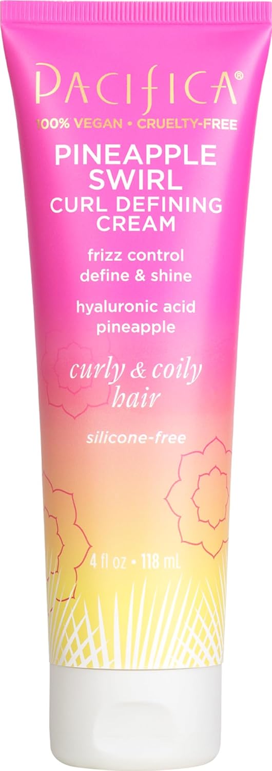 Pacifica Pineapple Swirl Curl Defining Cream ¨C Curl Cream for Curly Hair, Curly Hair Products with Coconut Oil and Hyaluronic Acid, Styling for Bouncy Waves Without Crunch - 4 Oz