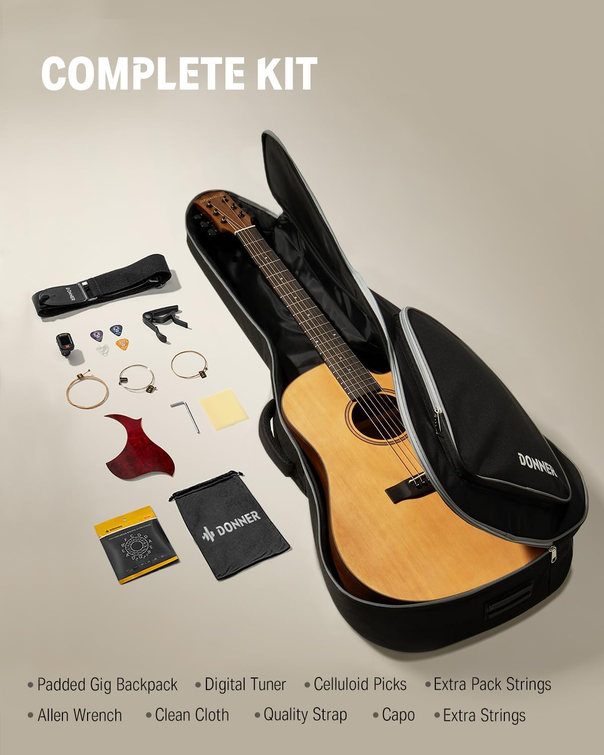 41¡± Acoustic Guitar Bundle for Beginners Adults with Online Lesson, 4/4 Full Size Steel Acustica Guitarra with Gig Bag, Tuner, Strap, Strings, Picks, Capos, Cutaway, Natural, DAG-1C/DAD-110C