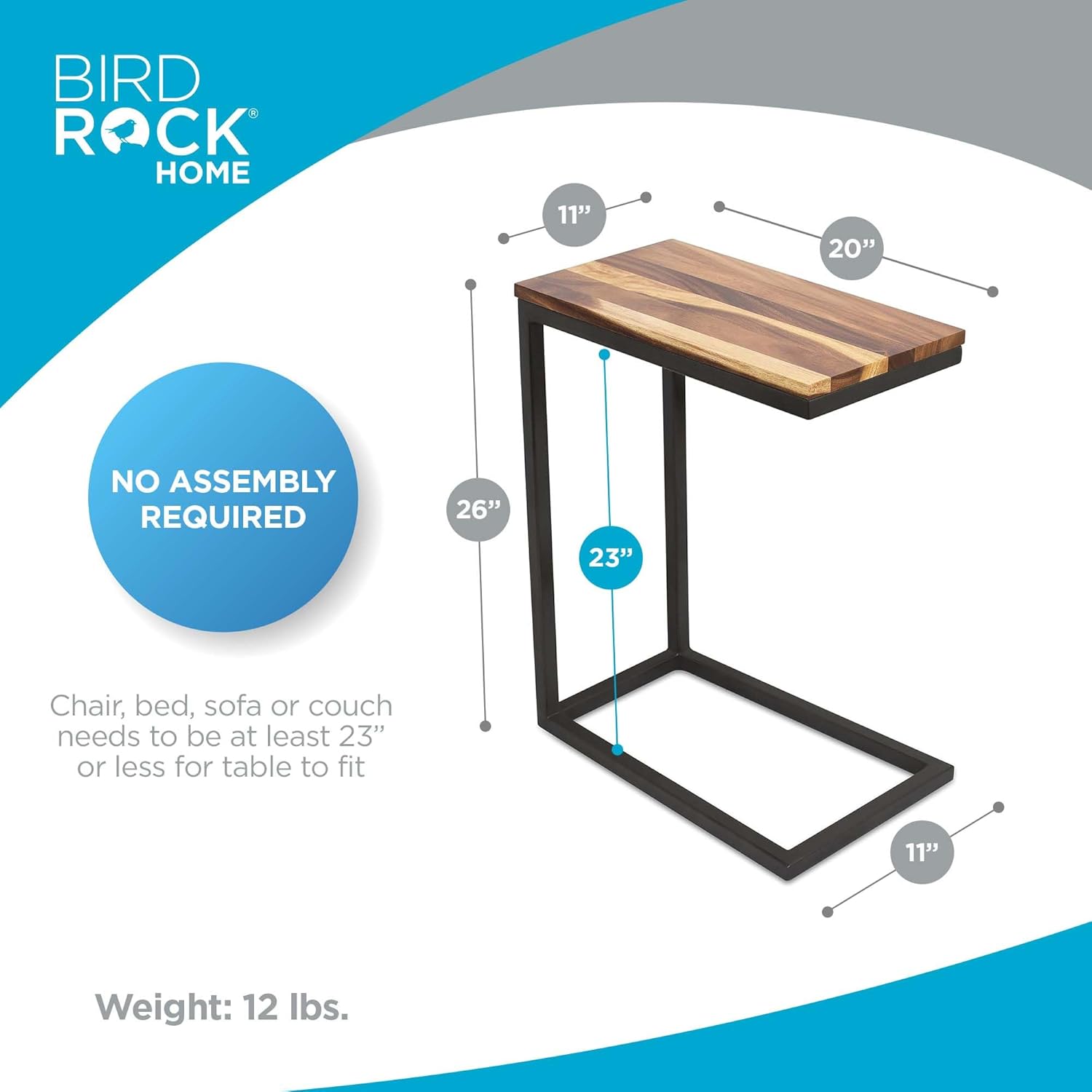 BIRDROCK HOME Acacia Wood TV Tray Side Table | Set of 2 | Industrial Design | Natural Wood Bed Sofa Snack End Table