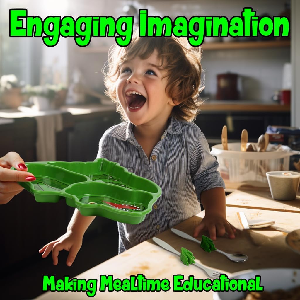 KidsFunware T-Re Dinosau M Tim Mea Set Portio Contro Divide Plat wit For an Spoo fo Kids