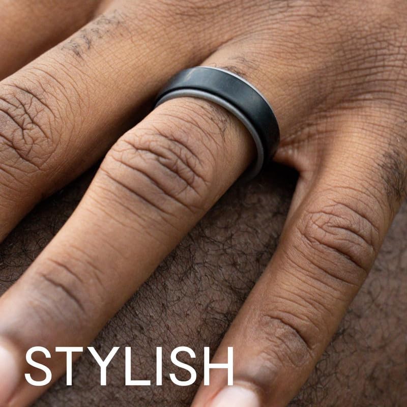 Silicon Rubbe Weddin Rin fo Men Comfor Fit Men' Weddin Band Breathabl Rubbe Engagemen Band 8m Wid 2m Thick Ste Edg Duo Single Gre Black Siz 7
