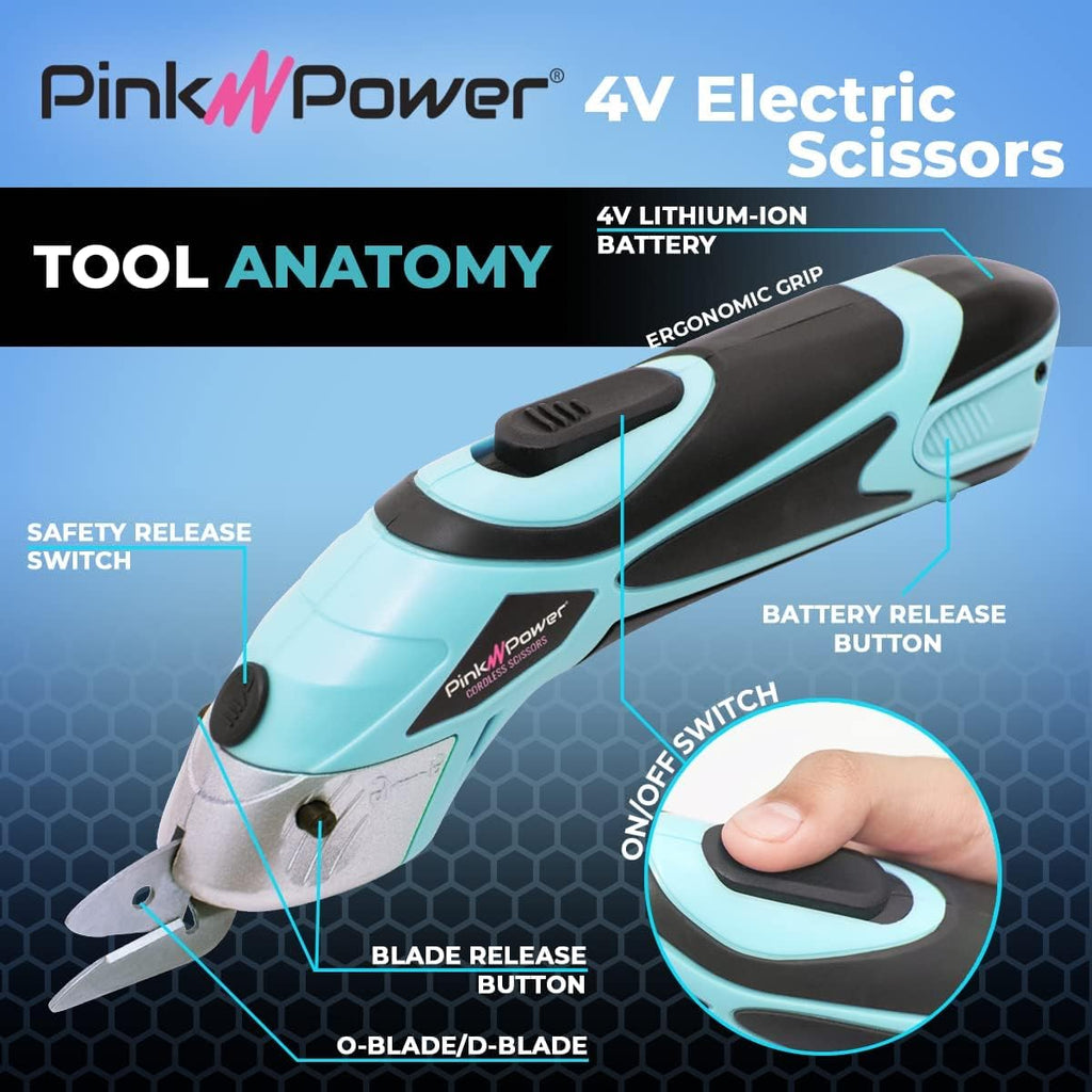 Pink Power Electric Fabric Scissors Box Cutter for Crafts, Sewing, Cardboard, Carpet, Scrapbooking - Heavy Duty Professional Shears Cutting Tool - Aqua Splash Automatic Cordless Electric Scissors