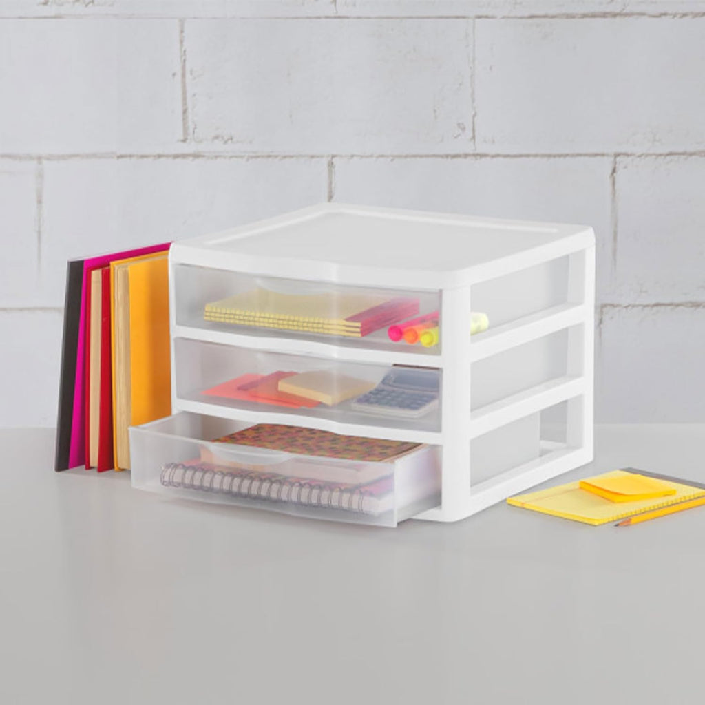 Sterilite 6-Pack Wide 3 Drawer Unit, Plastic Desktop Organizer with Clear Drawers, White Frame - Stackable Multi-Purpose Storage for Office Supplies, Craft Rooms, Classrooms and Home Organization