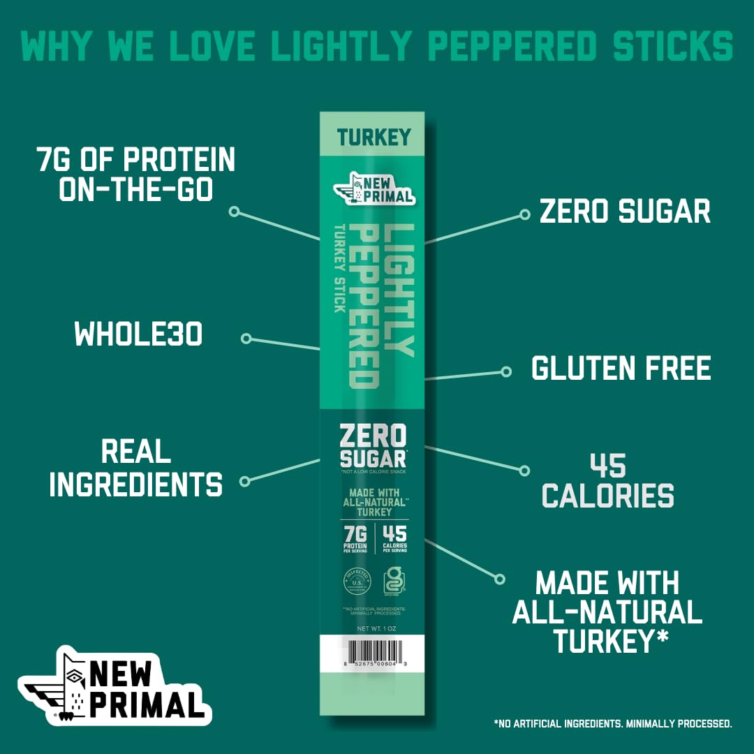 New Primal Lightly Peppered Turkey Sticks, Keto Gluten Free Healthy Snacks for Adults, Sugar Free Low Carb High Protein Snack, Paleo Whole30 Jerky Meat Stick, 7g Protein, 45 Calories, 5 Pack