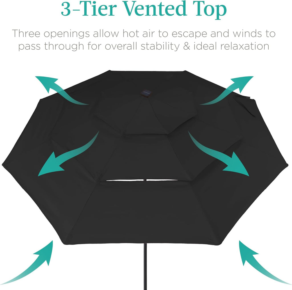 Best Choice Products 10ft 3-Tier Solar Patio Umbrella, Outdoor Market Sun Shade for Backyard, Deck, Poolside w/ 24 LED Lights, Tilt Adjustment, Easy Crank, 8 Ribs - Black