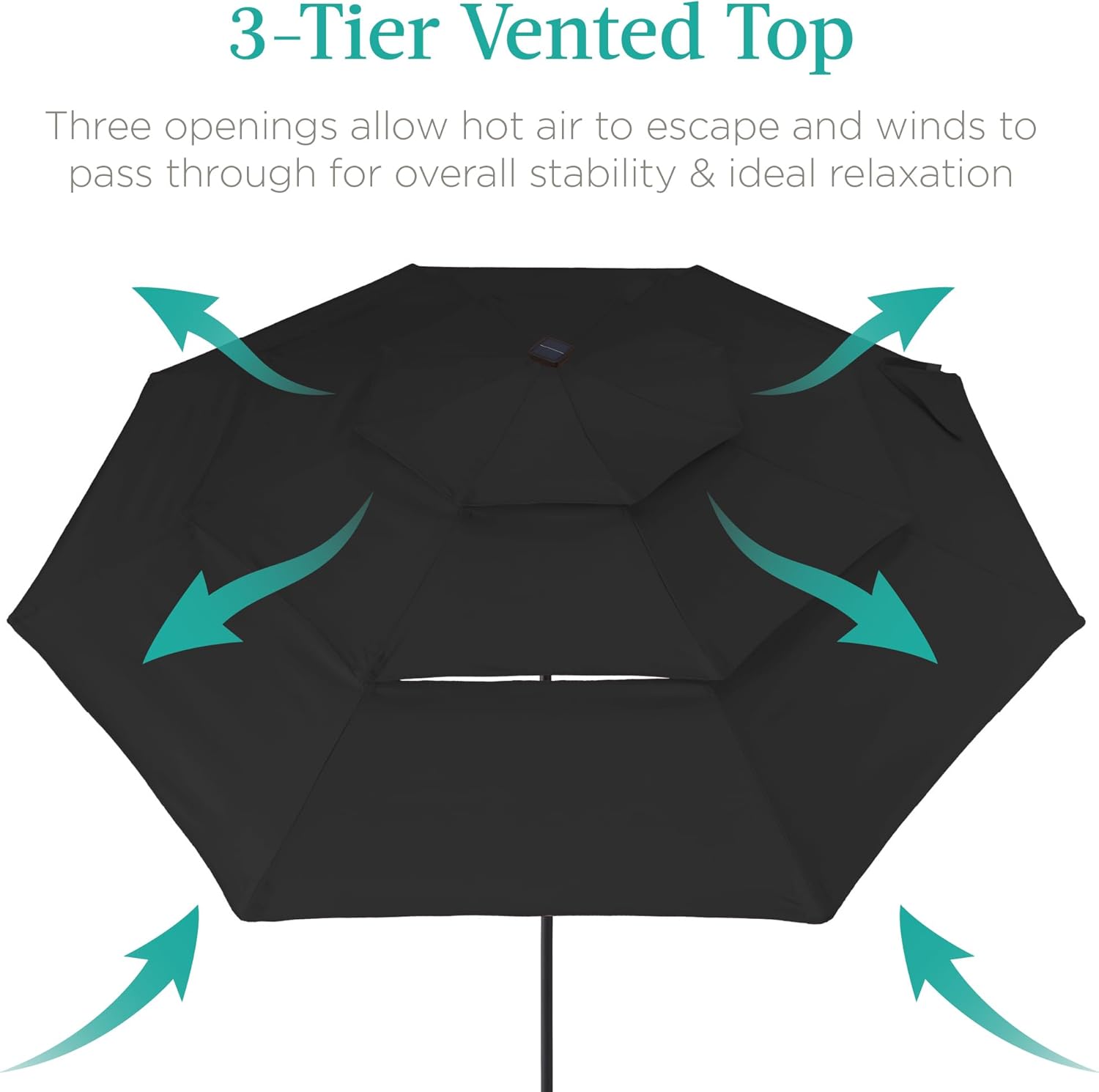 Best Choice Products 10ft 3-Tier Solar Patio Umbrella, Outdoor Market Sun Shade for Backyard, Deck, Poolside w/ 24 LED Lights, Tilt Adjustment, Easy Crank, 8 Ribs - Black