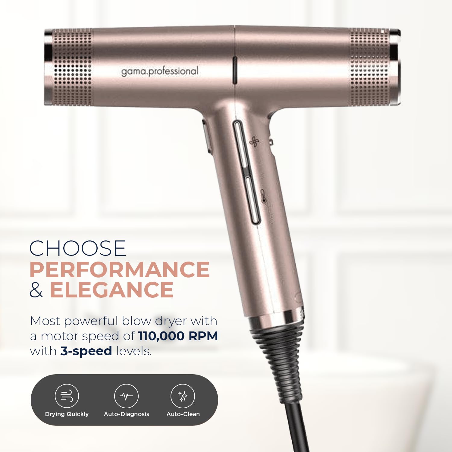 GAM Ital Professiona Hai Drye Ros Gol I Perfett Lightweight Powerfu Pr Salo Blo wit Diffuse  Concentrato Nozzl Attachmen Tool (Unde 1LB)