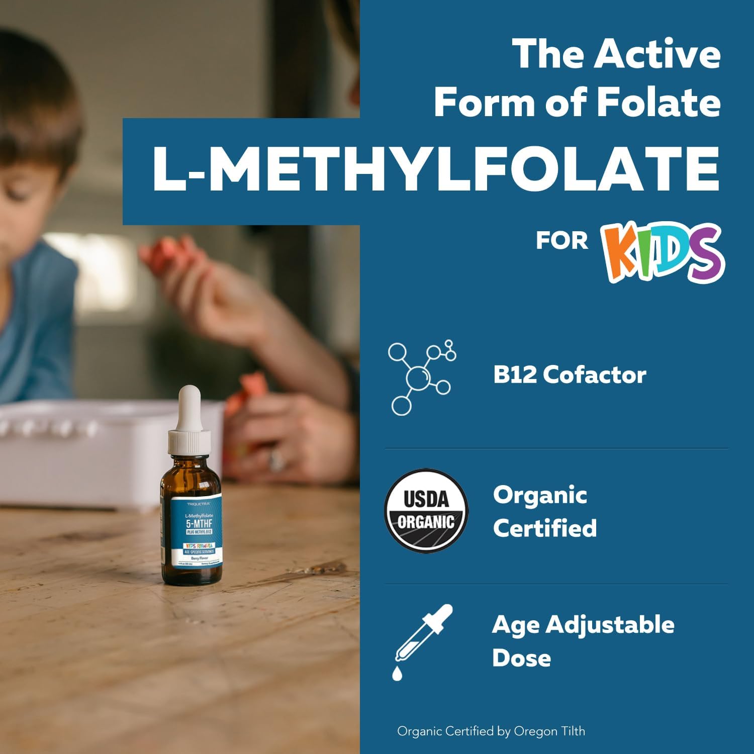 Organic Kids Methylfolate + Methyl B12 Cofactor - Organic Berry Flavor, Sublingual Form - 5-MTHF Form, Superior Form of Folate - Adjustable Dosing for All Ages - Mood, Behavior, Cognition - 1 oz.