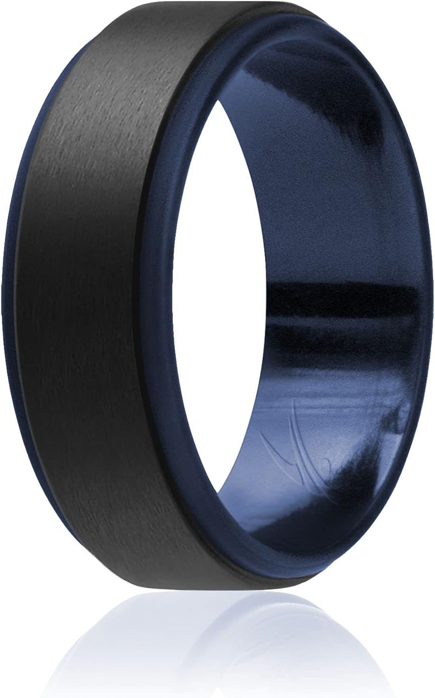 Silicon Rubbe Weddin Rin fo Men Comfor Fit Men' Weddin Band Breathabl Rubbe Engagemen Band 8m Wid 2m Thick Ste Edg Duo Single Dar Blu Black Siz 14