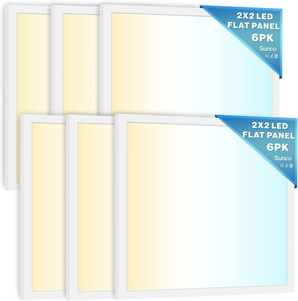 Sunco 6 Pack 2x2 LED Flat Panel Light for Drop Ceiling, Commercial Troffer Replacement Lighting Fixture, 4400 LM, 40W, Selectable CCT 4000K/5000K/6000K, Dimmable (0-10V), Dustproof ETL