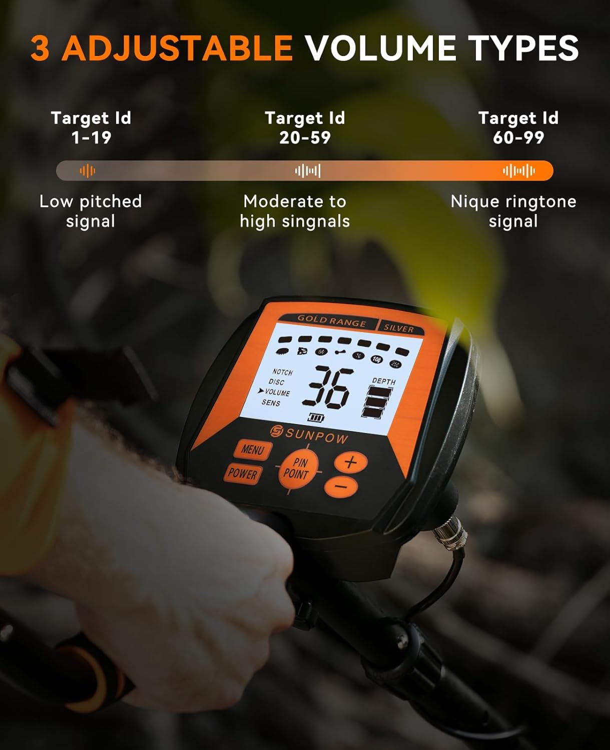 SUNPOW Metal Detector for Adults, Professional Waterproof High Accuracy Metal Detector, 10'' Detection Depth, Pinpoint & Disc & Notch & All Metal & Volume Modes, Strong Anti-Interference-GC-1083