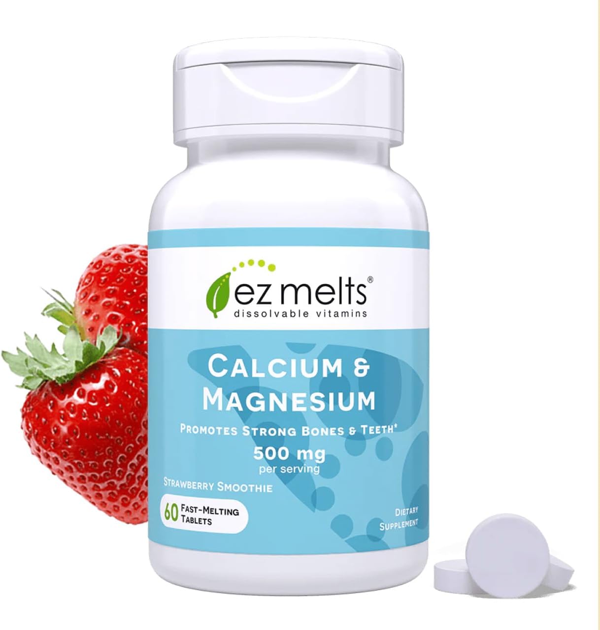 EZ Melts Calcium & Magnesium - Daily Supplement for Heart, Bone, Immune & Brain Health - with Vitamin D3 - Non-GMO & Vegan - Strawberry Smoothie - 60 Dissolvable Tablets (30 Servings)