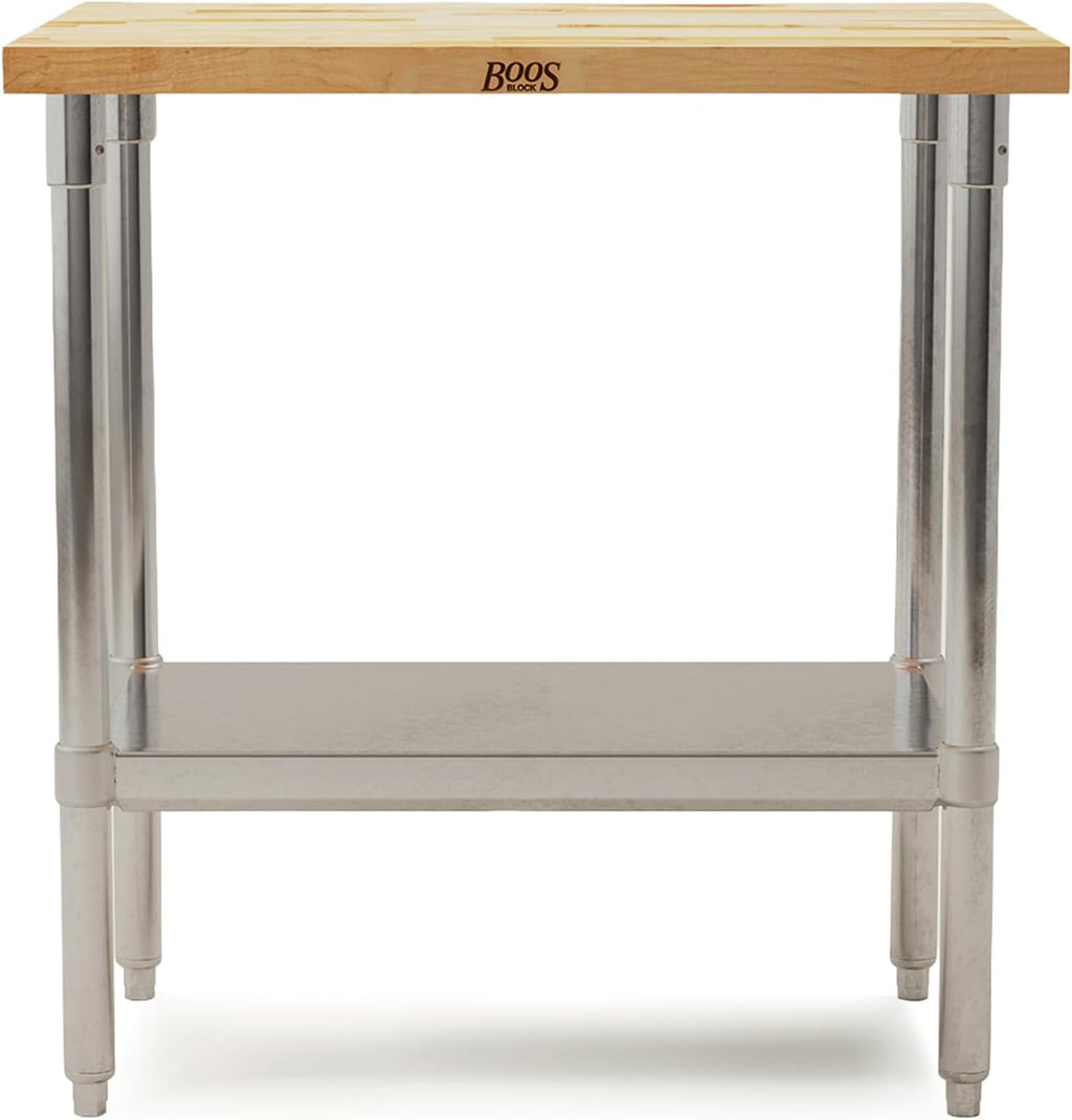 John Boos Maple Wood Top Work Table, 36¡±x24¡±x36¡± ¨C 1.5¡± Thick Tabletop, 68-lb Kitchen Station with Wooden Edge-Grain Table & Steel Base, & Adjustable Shelf