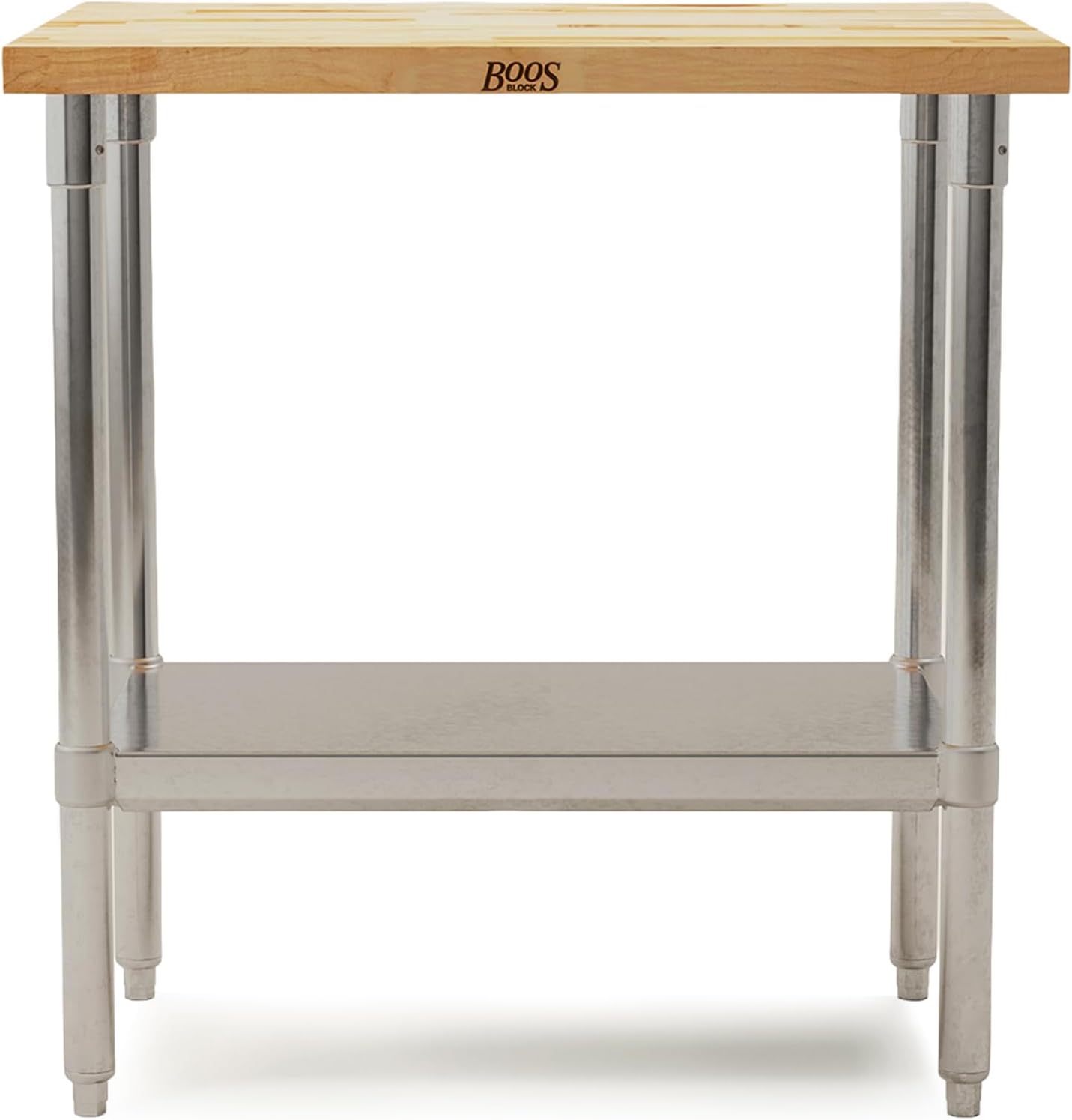 John Boos Maple Wood Top Work Table, 36¡±x24¡±x36¡± ¨C 1.5¡± Thick Tabletop, 68-lb Kitchen Station with Wooden Edge-Grain Table & Steel Base, & Adjustable Shelf