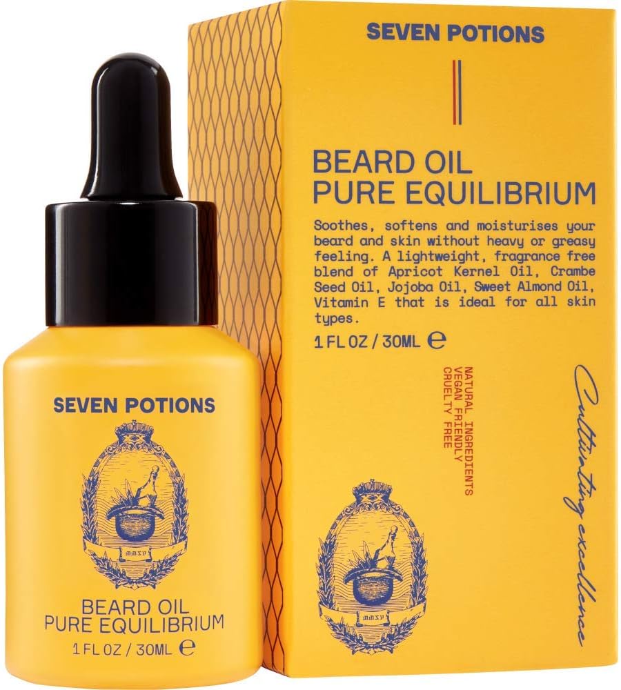 SEVEN POTIONS Natural Beard Oil for Men 1 FL OZ / 30ml ¡ª Fragrance Free & Unscented Beard Softener & Conditioner ¡ª Vegan Conditioning Oil That Helps Prevent Itch & Dandruff (Pure Equilibrium)