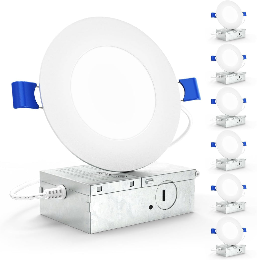 Sunco 6 Pack 4 Inch LED Recessed Lights, Slim Canless Ceiling Lighting, 650 LM, 10W (60W Equivalent), 2700K Soft White, Dimmable, Wafer Thin, Ultra Thin with Junction Box ETL.