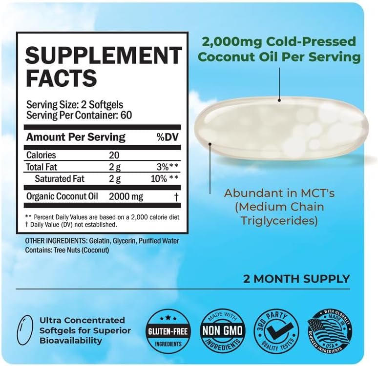 Coconut Oil Capsules 2000mg - Organic Pure Extra Virgin Unrefined Cold Pressed MCT Rich & Non-GMO for Healthy Skin Nails Hair Growth Support Bloating Anti Aging Digestion - 120ct (2 Month Supply)