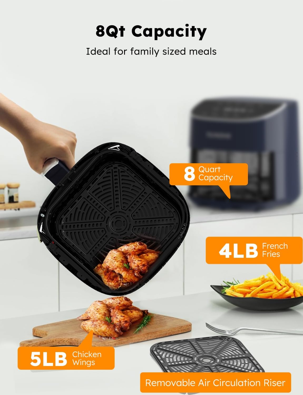Brio Plus 8 Qt Air Fryer, PFAS Free, New Improved, Digital Touch Screen, Cool White Display, 50¡ãF~400¡ãF in Precise 5¡ã, 5 Cook Functions, 100 Presets 50 Memory, 3 Wattages 700, 1500, 1800