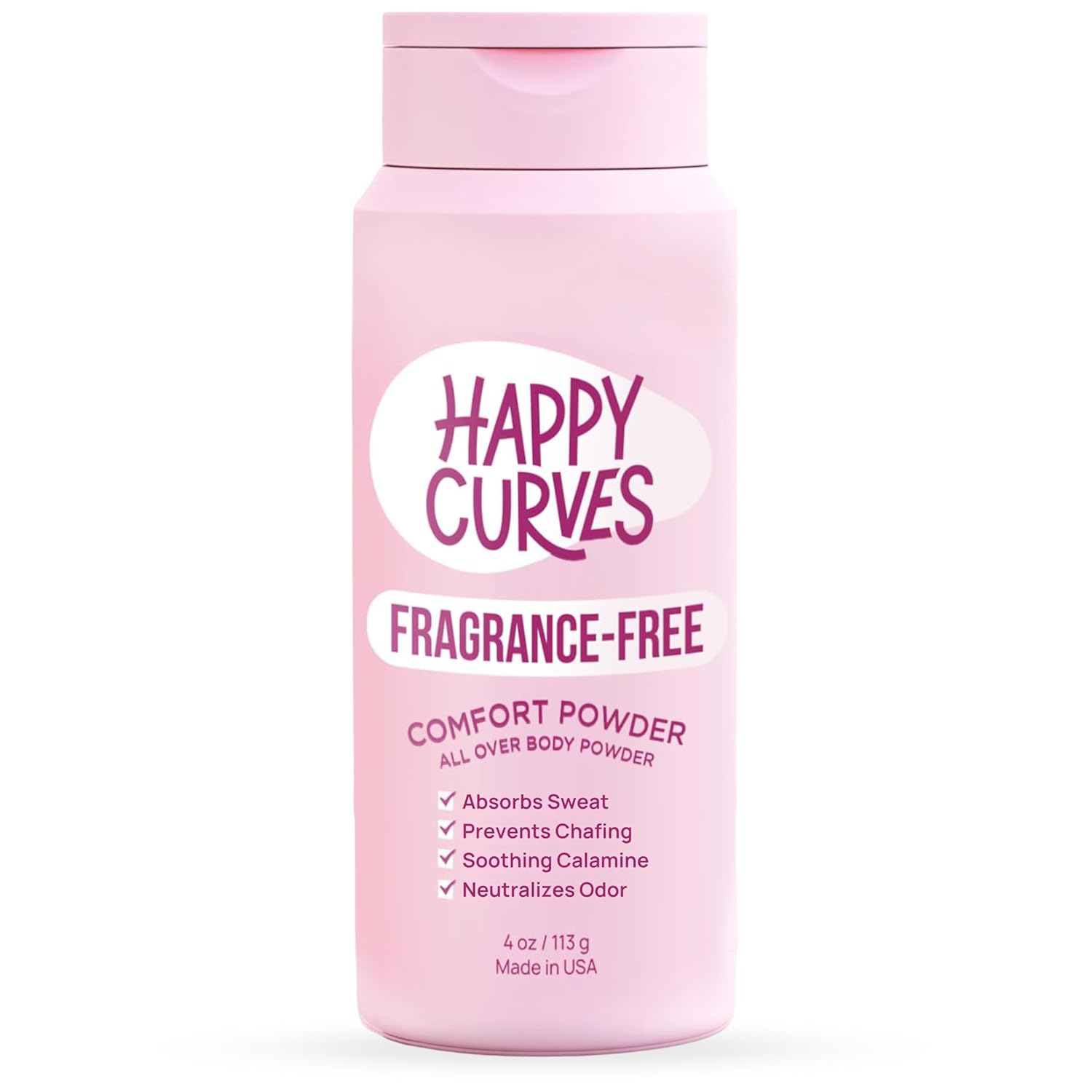 HAPPY CURVES Comfort Powder: Talc Free Anti Chafe Body & Foot Dusting Powder Deodorant to Control Inner Thigh Chafing, Private Areas, and All Over Body for Women (4 Ounce (Pack of 1), Fragrance-Free)