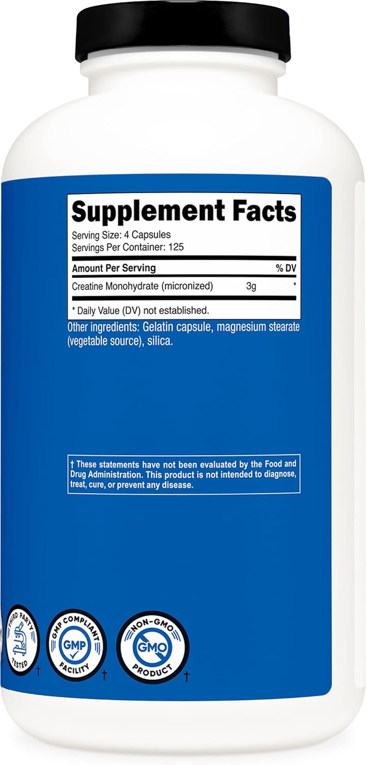 Nutricost Micronized Creatine Monohydrate 3,000mg 500 Capsules, 125 Servings, 750mg of Creatine Monohydrate Per Capsule