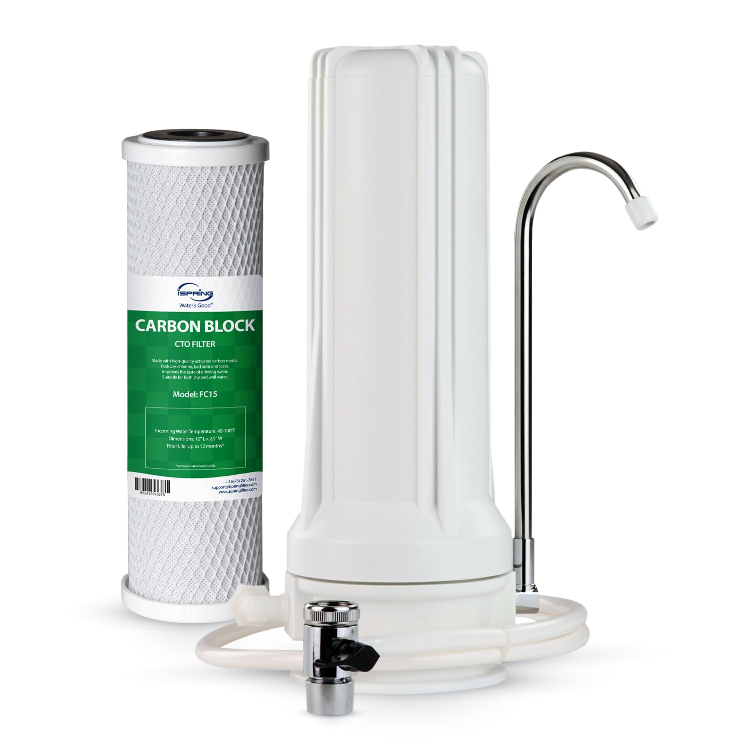 Countertop Drinking Water Filtration System with Carbon Filter 2.5inch x 10inch, White