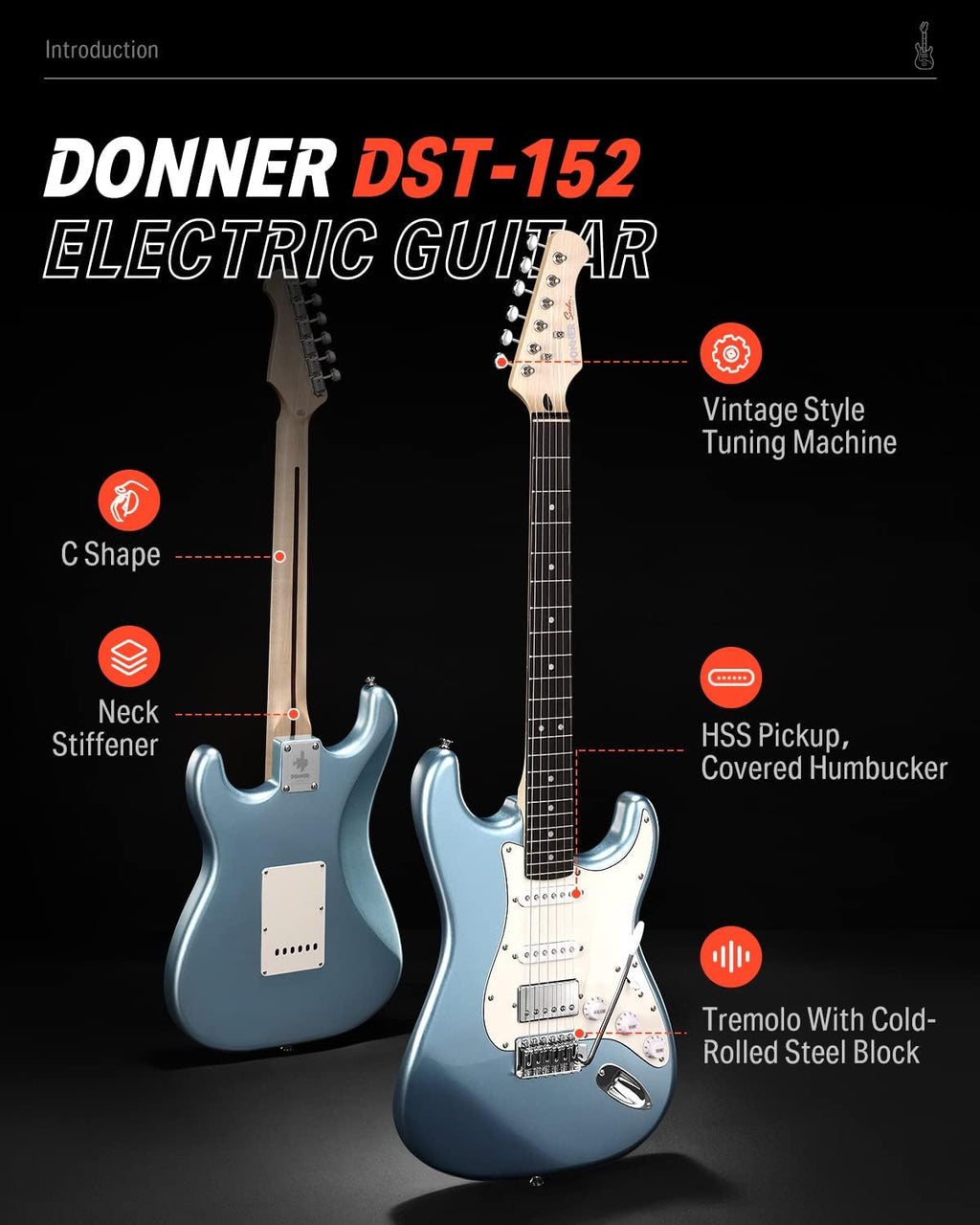 Donner DST-152R Electric Guitar, 39inch Beginner Electric Guitar Kit, HSS Pickup with Coil Split, Guitar Starter Set with Amp, Bag, All Accessories, Metallic Ice Blue