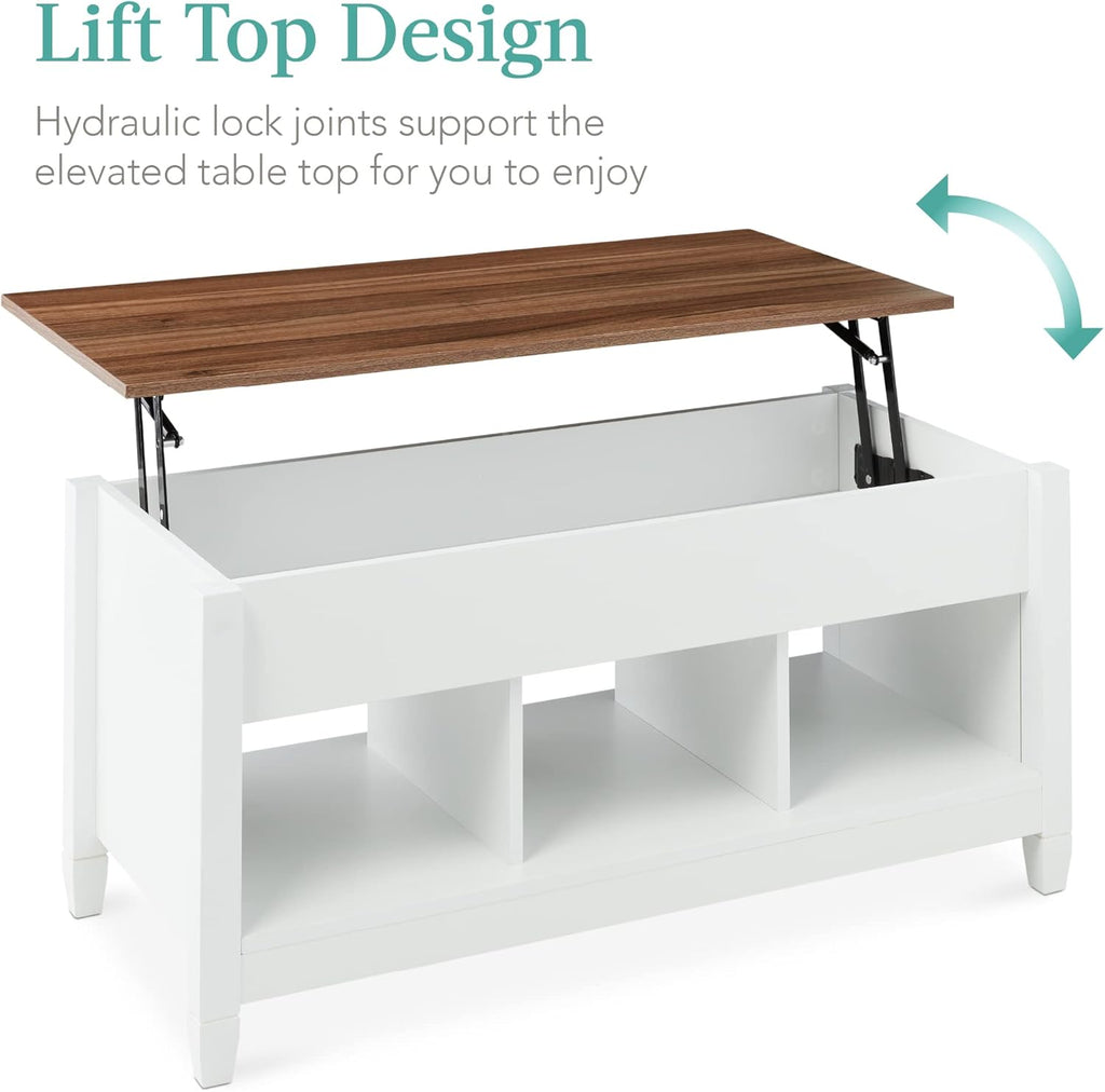 Best Choice Products Lift Top Coffee Table with Hidden Storage, Accent Table Furniture for Living Room, Display Shelves - White/Brown