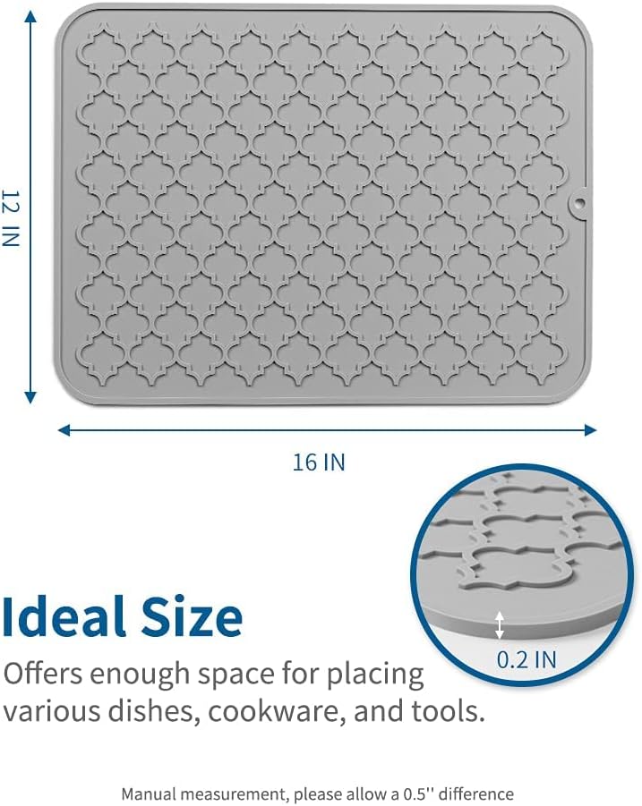 AMOAMI Dish Drying Mat,Heat-resistant,Easy Clean,Silicone Dish Drying Mats for kitchen Counter,Kitchen Gadgets Kitchen Accessories Kitchen Small Appliances (12inch x 16inch, GREY)