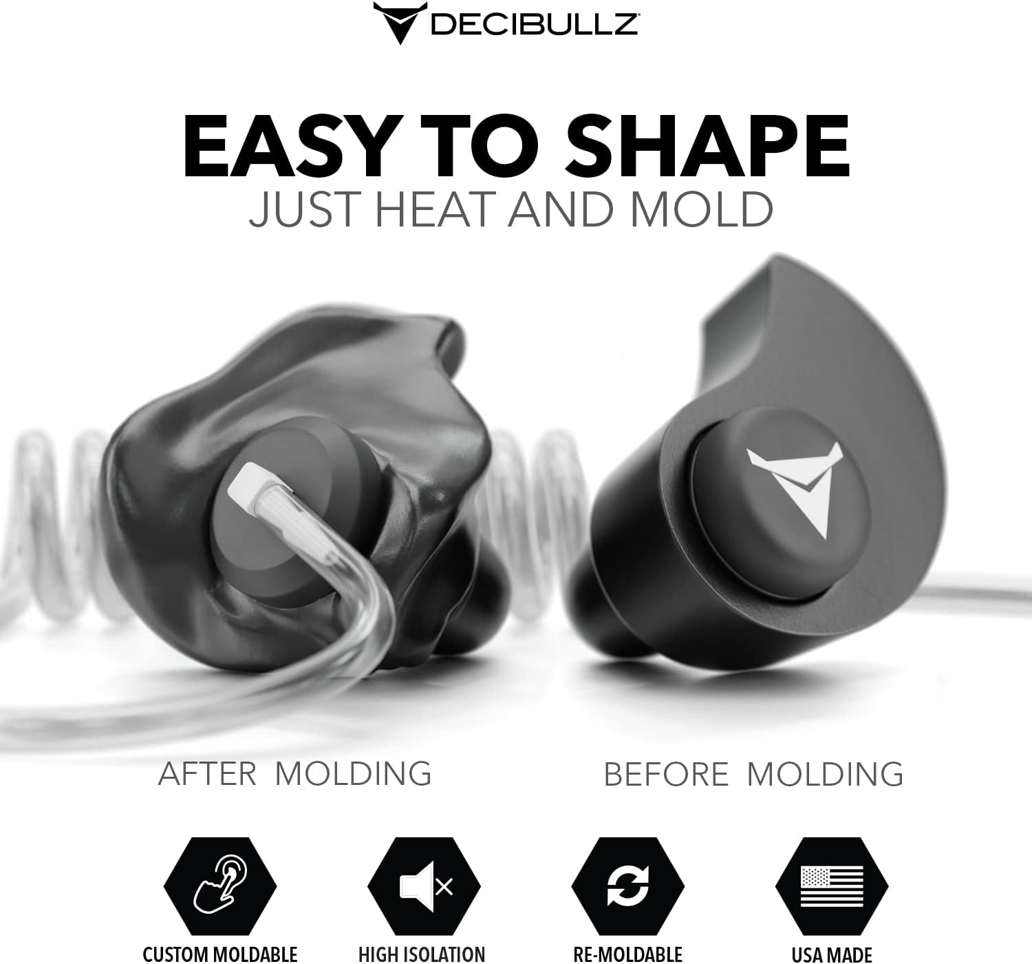 Decibullz Custom Molded Security Radio Surveillance Earpiece Set, Thermo-Fit Designed for Clear Acoustic Tube Radios, Isolation